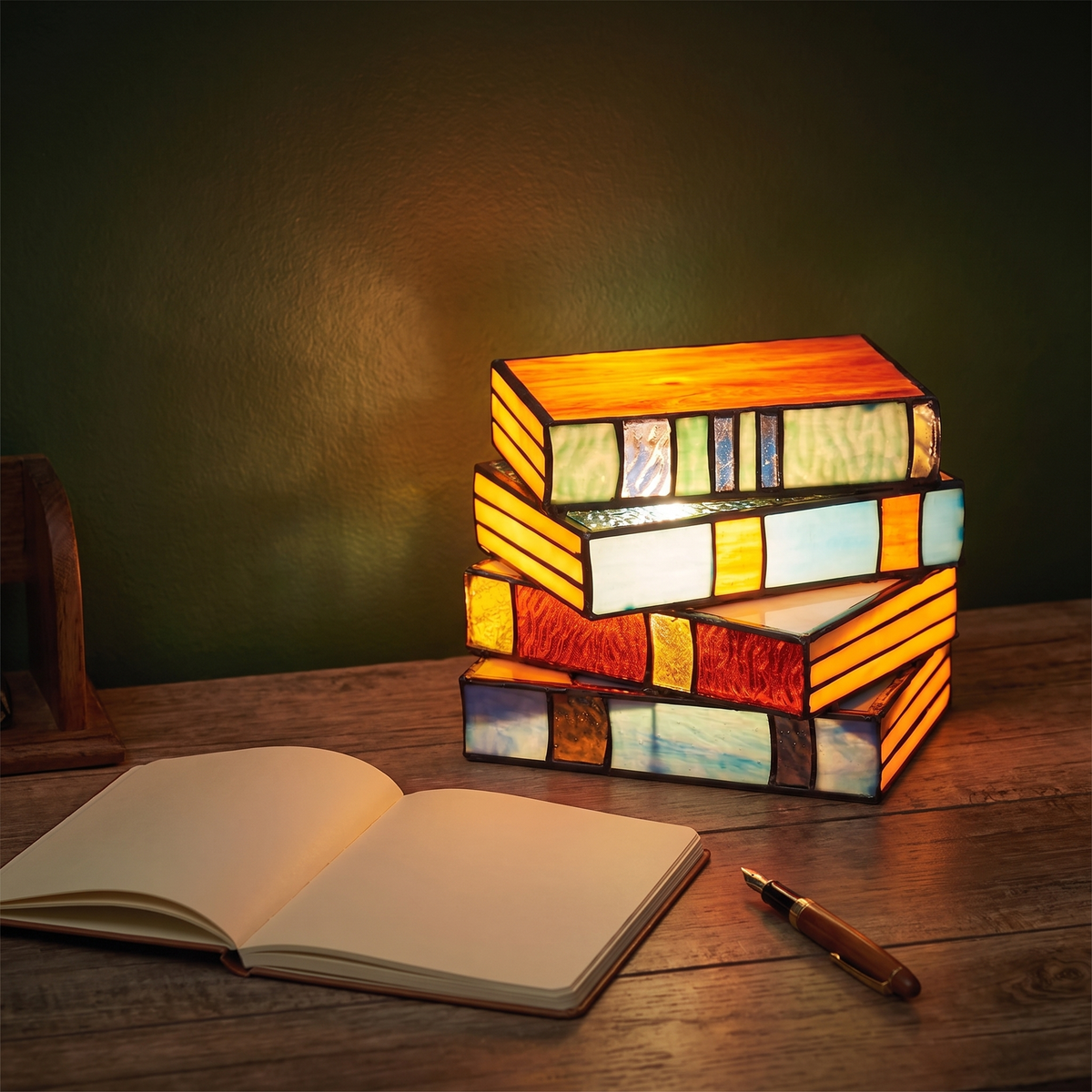 Book lamp - Stained Glass Style Stacked Books Lamp on a study desk