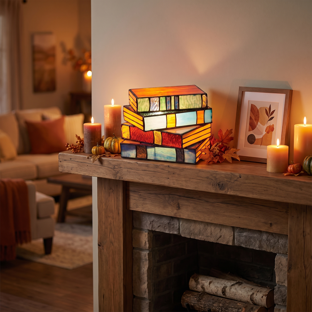 Book lamp - Stained Glass Style Stacked Books Lamp on a living room mantel