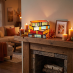 Book lamp - Stained Glass Style Stacked Books Lamp on a living room mantel