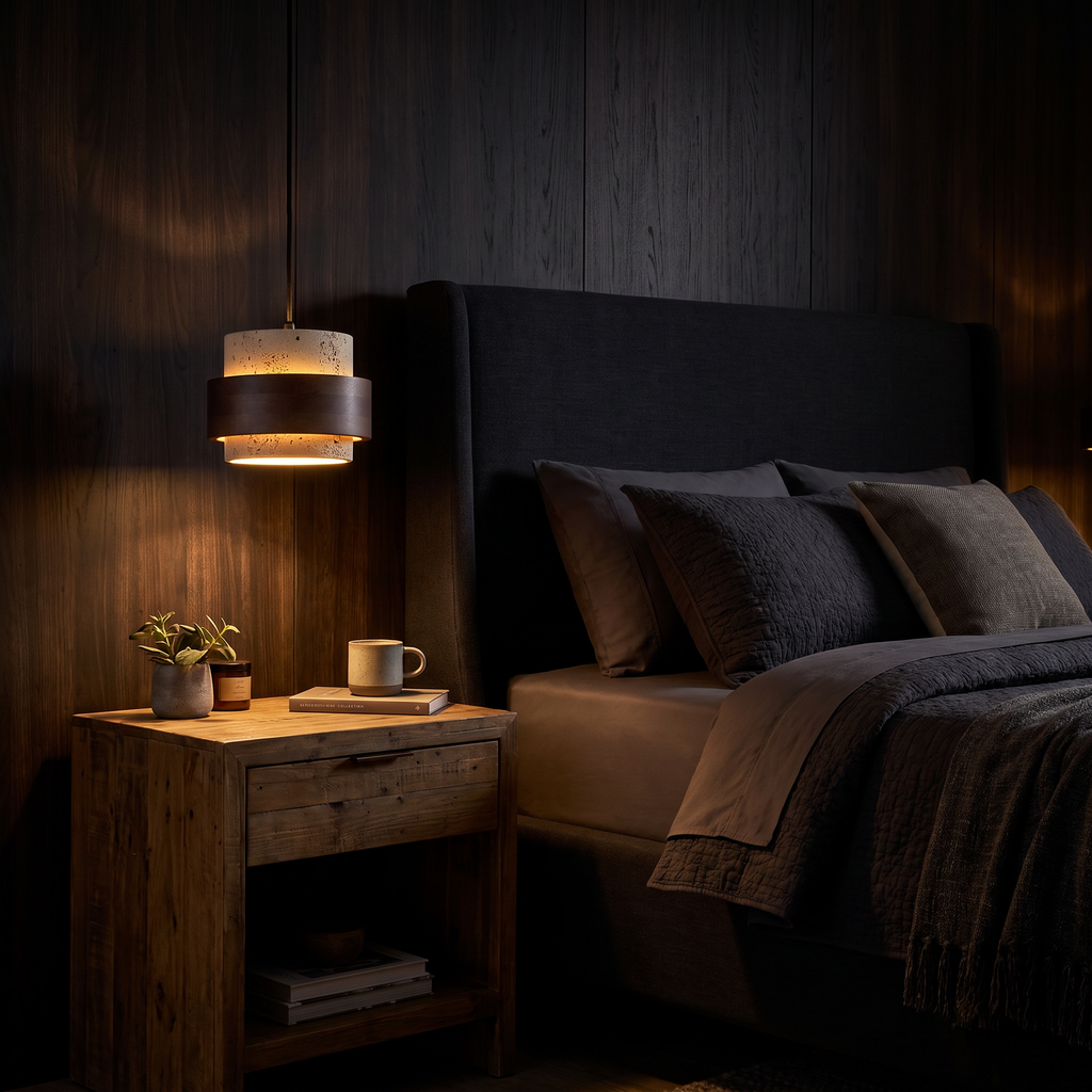 Mini pendant light - Travertine Mini Pendant Light over a bedside table