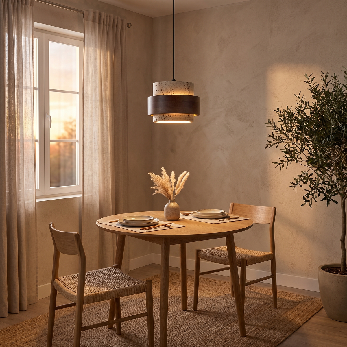 Mini pendant light - Travertine Mini Pendant Light above a round dining table