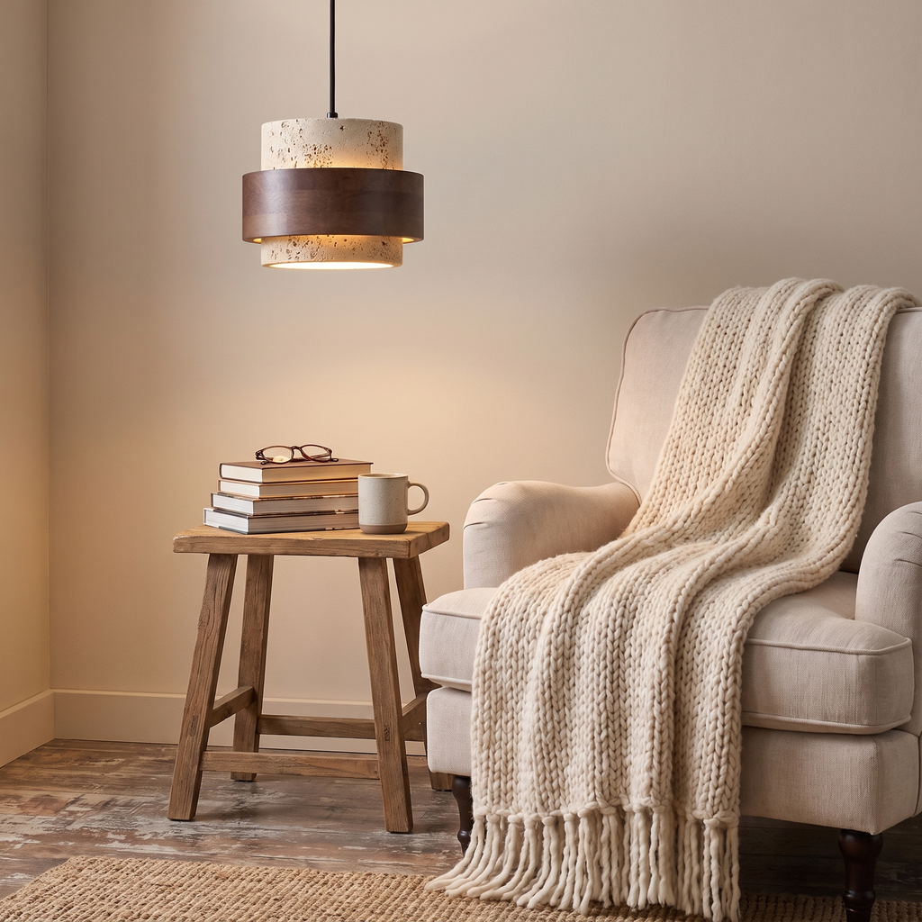 Mini pendant light - Travertine Mini Pendant Light beside a reading chair