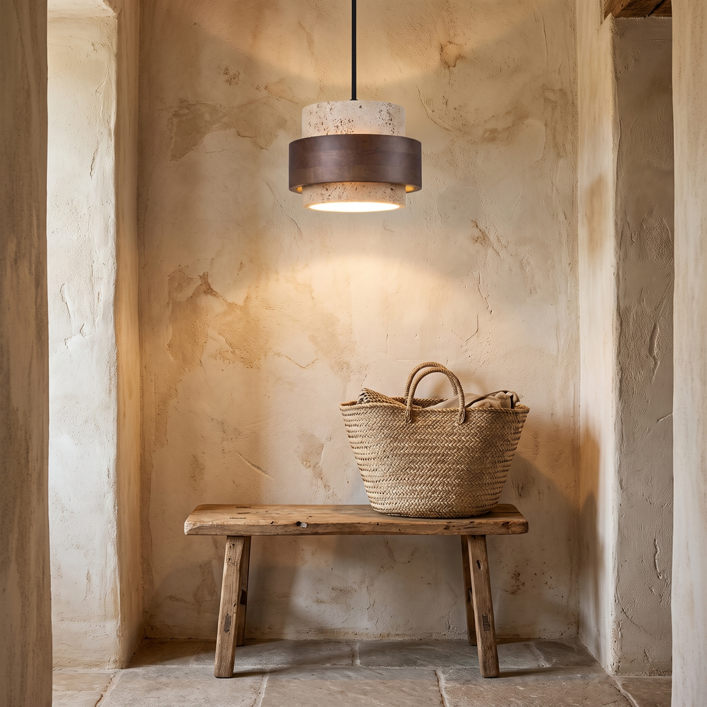 Mini pendant light - Travertine Mini Pendant Light above an entryway bench