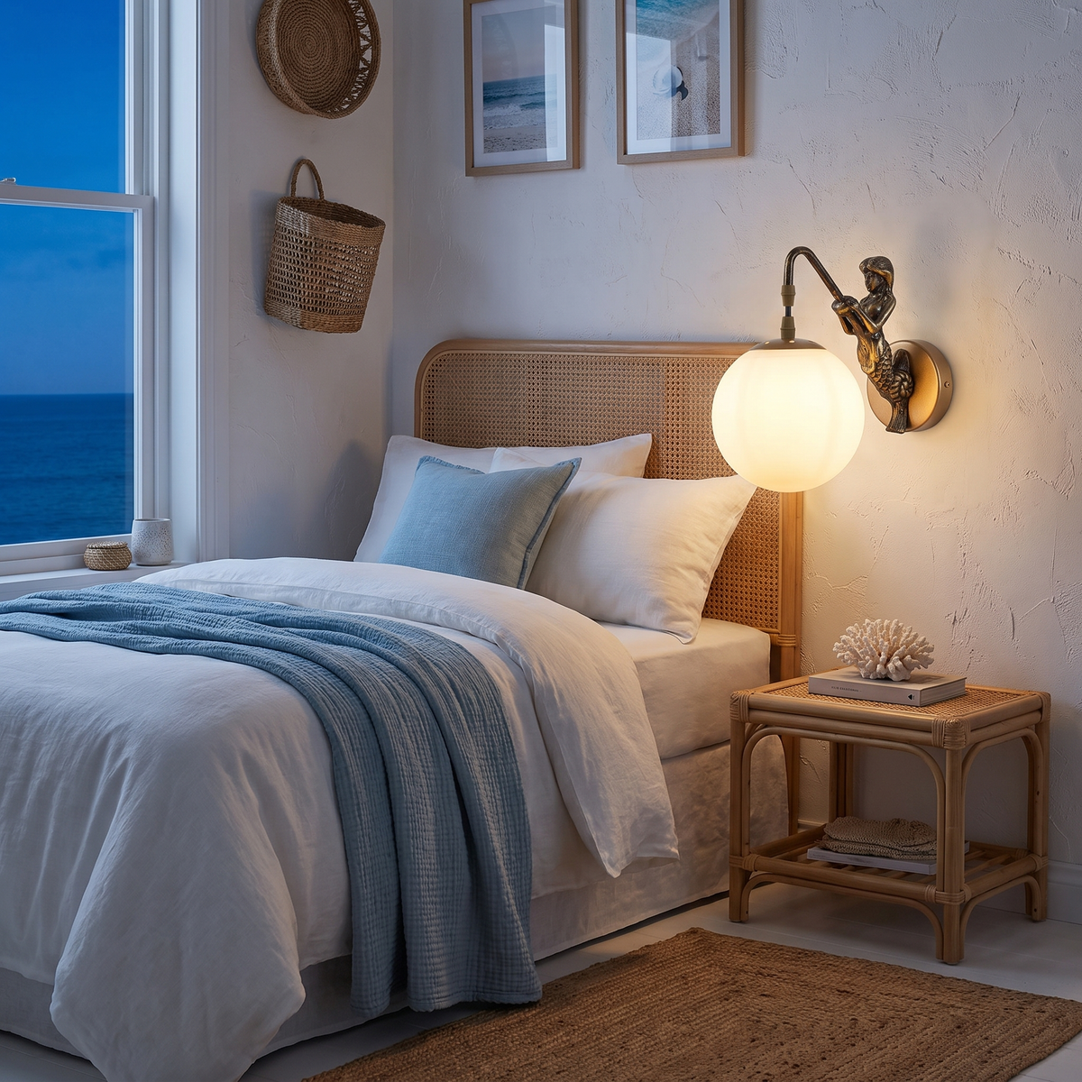 Vintage wall sconce - Vintage Mermaid Wall Sconce beside a bed in a coastal bedroom