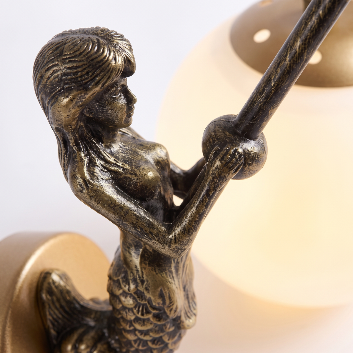 Vintage wall sconce - Vintage Mermaid Wall Sconce close-up of the bronze mermaid