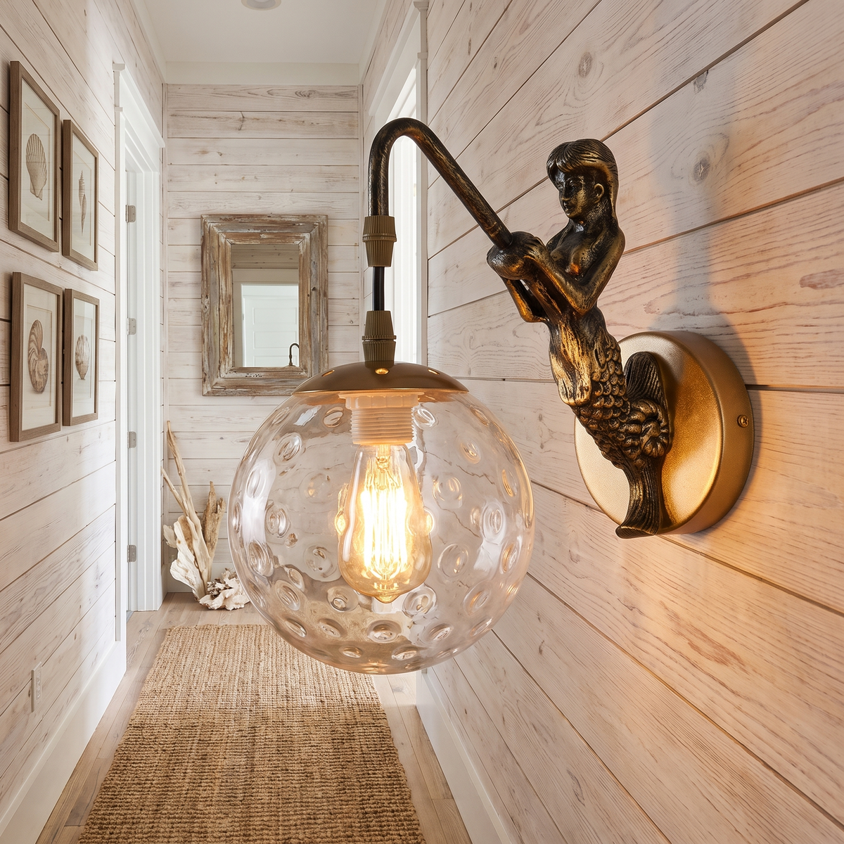 Vintage wall sconce - Vintage Mermaid Wall Sconce with clear dimpled glass in a hallway