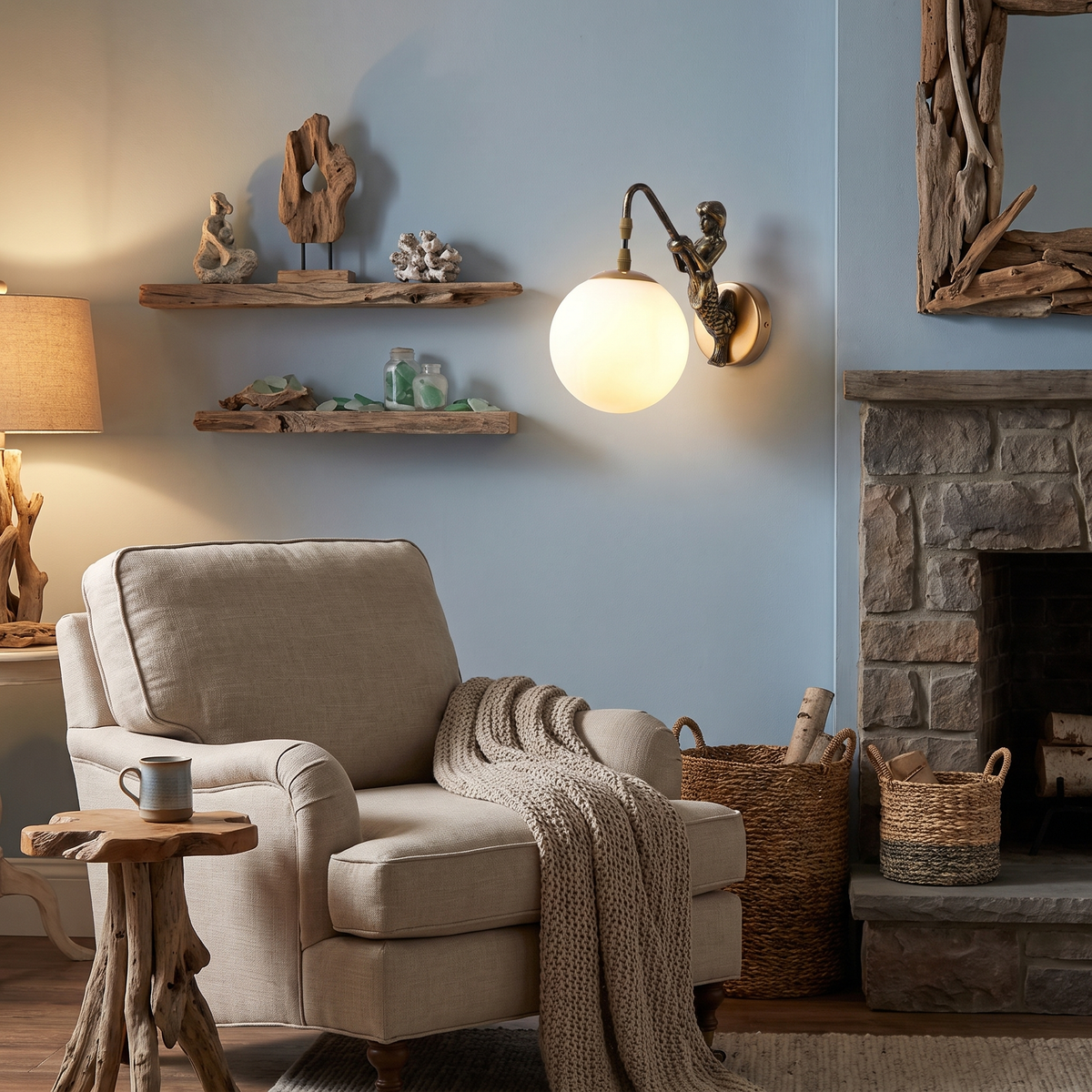 Vintage wall sconce - Vintage Mermaid Wall Sconce above a reading chair